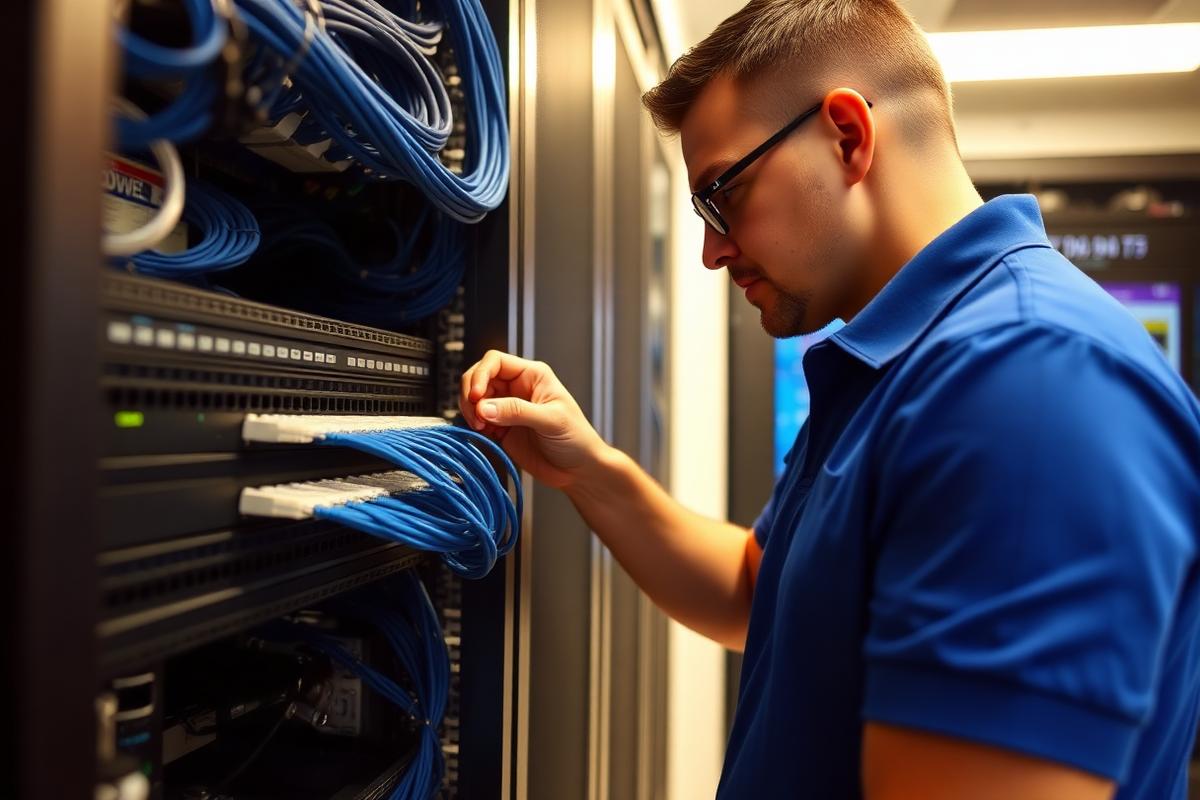 Technician terminating Cat 6 cables at a network rack