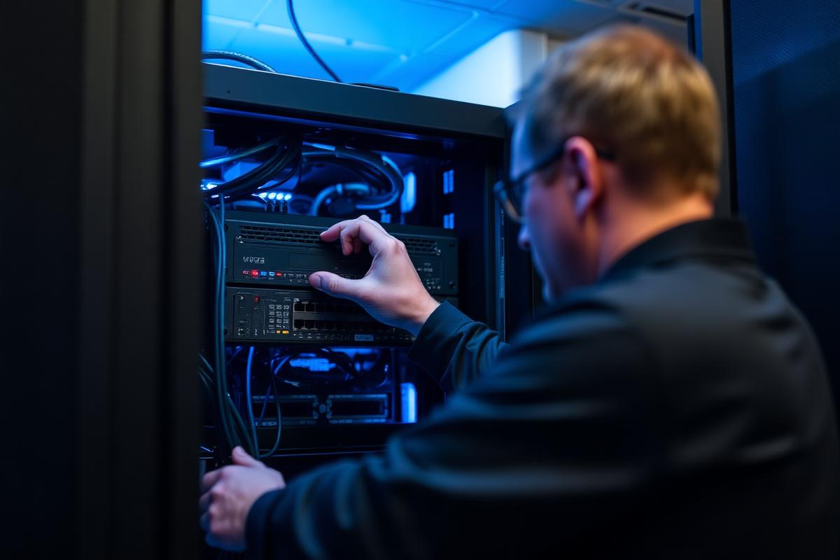 Engineer installing network equipment into a server rack