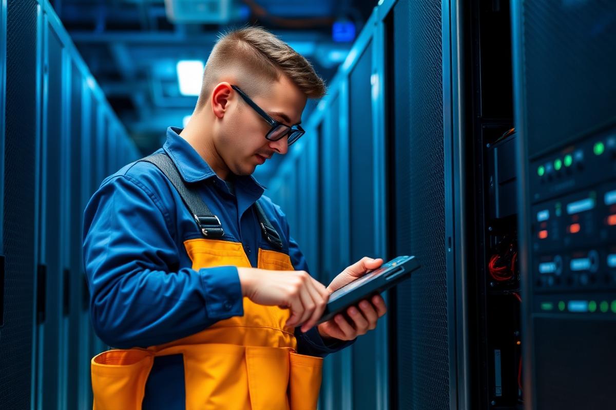 Field technician performing smart hands work in a data center