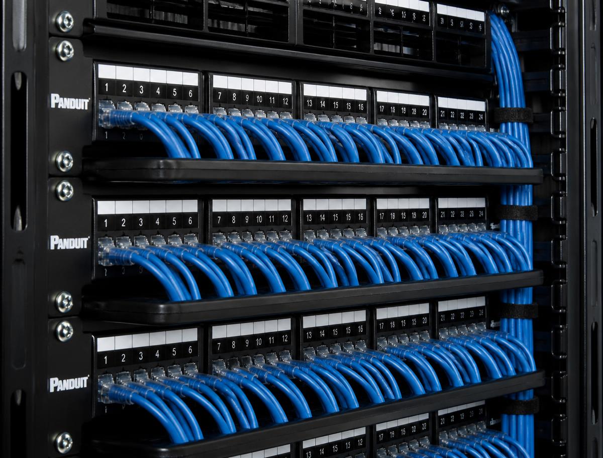 Technician installing structured cabling in a commercial building